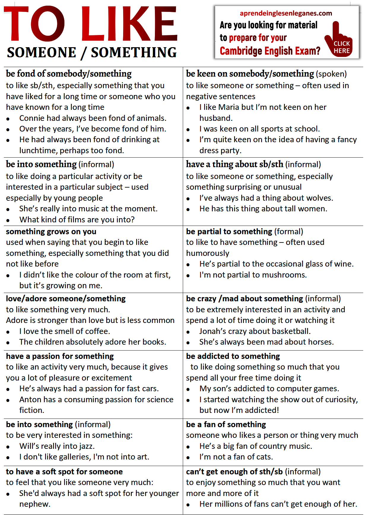 to like someone or something (phrases)