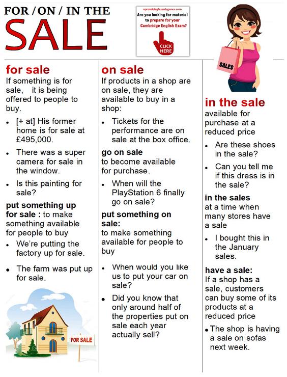 for sale vs on sale vs in the sale